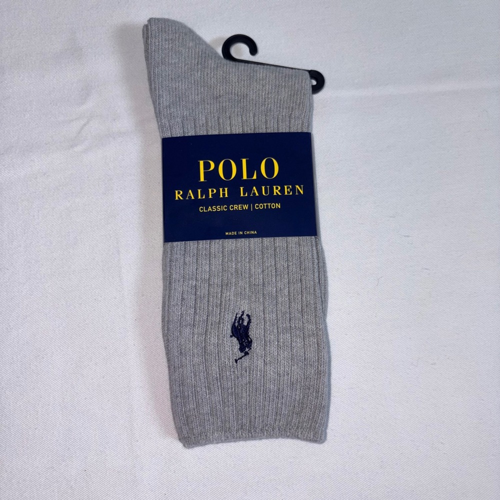 Polo‎ Ralph Lauren Crew Socks 10-13 Grey NEW Ribbed Cotton Pony Logo